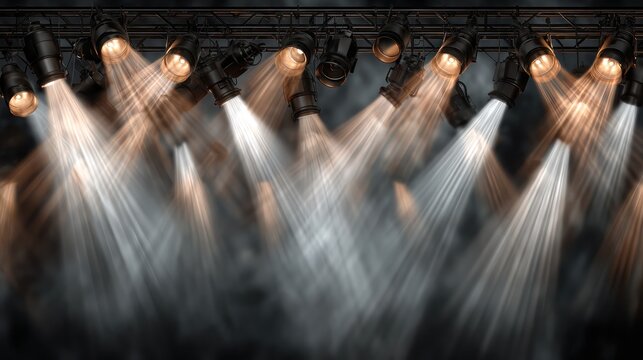 Stage spotlights illuminating smoke and haze with dramatic lighting effects