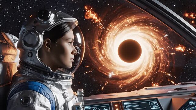 Astronaut gazes at a swirling black hole from spaceship cockpit.
