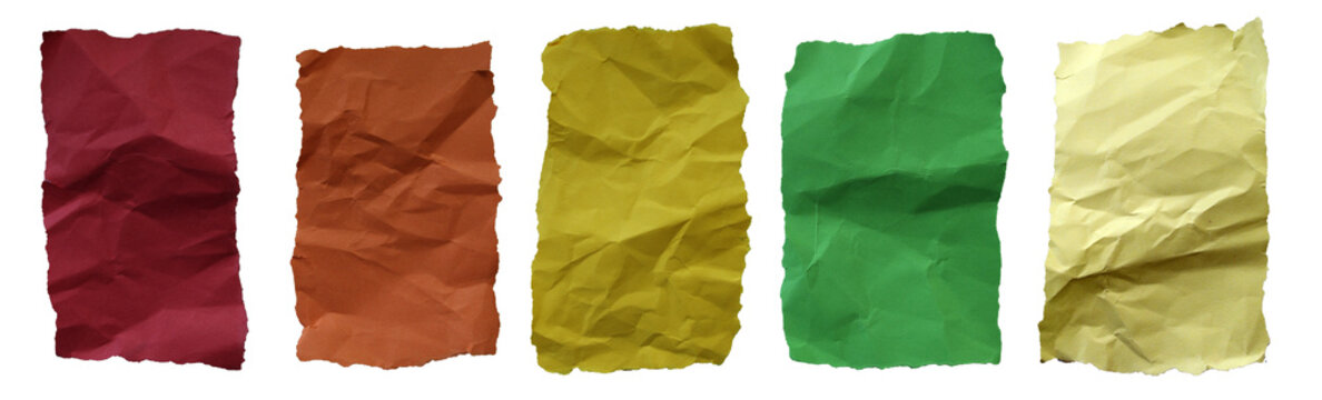 Set of five vertical crumpled paper strips in burgundy, orange, olive green, green, and yellow. Textured blank swatches and ribbons for design.