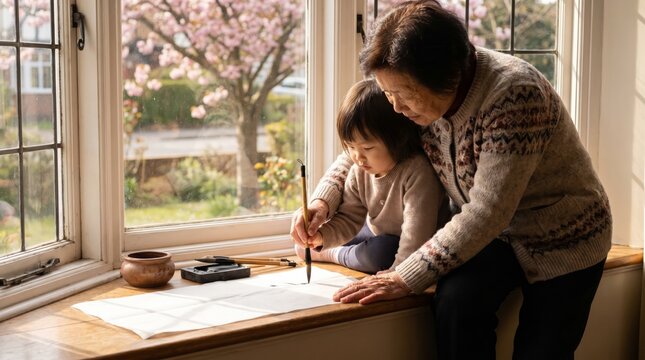 Grandmother teaching grandchild painting by spring window with blooming tree