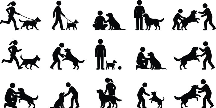 Dog Owner and Pet Training Silhouette Collection Featuring Walking Running Playing and Canine Care Activities