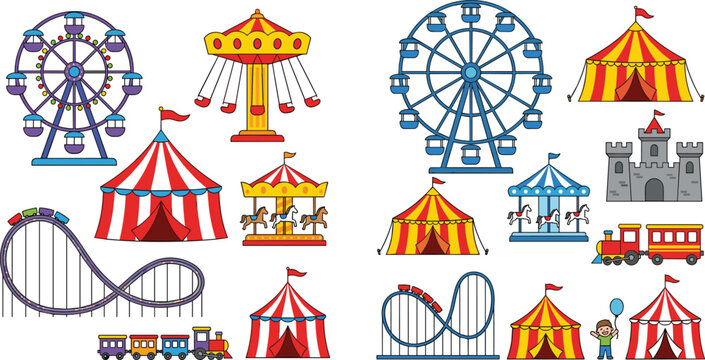 Amusement Park Carnival and Circus Elements Set Colorful Cartoon Ferris Wheel Tent Roller Coaster Clown Vector Illustration