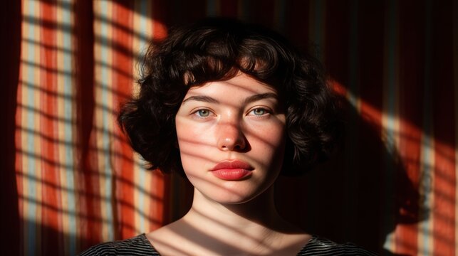 A woman with short curly hair is illuminated by light filtered through blinds, casting striped shadows across her face and a warm-toned background.