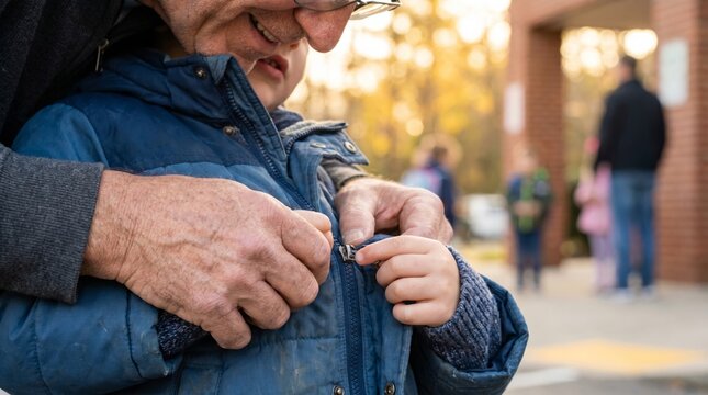 Father helping child zip jacket outdoors autumn day