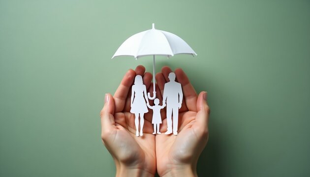 Hands hold white paper family under umbrella. Protect loved ones, secure future, ensure safety. Offer life assurance, plan care for parents, kids. Support well-being, build strength, make wise