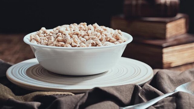 Bowl of puffed wheat cereal with milk on a rustic wooden table.