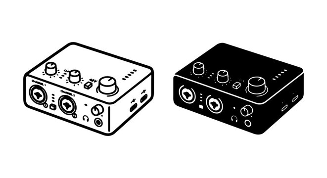 Audio Interface Vector Icons, Sound Card Equipment, Music Production Gear, Black and White