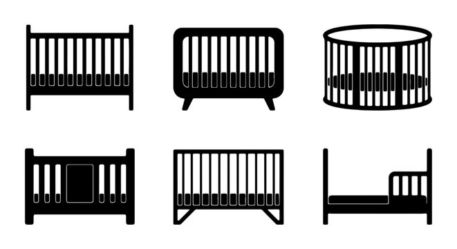 Baby Crib Icons, Nursery Furniture Silhouettes, Toddler Bed Vector Set