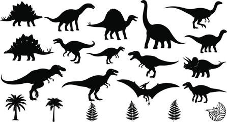 Dinosaur Silhouette Collection Set Prehistoric Jurassic Animal T-Rex Triceratops Brontosaurus Flat Black Vector Illustration © MDPappu