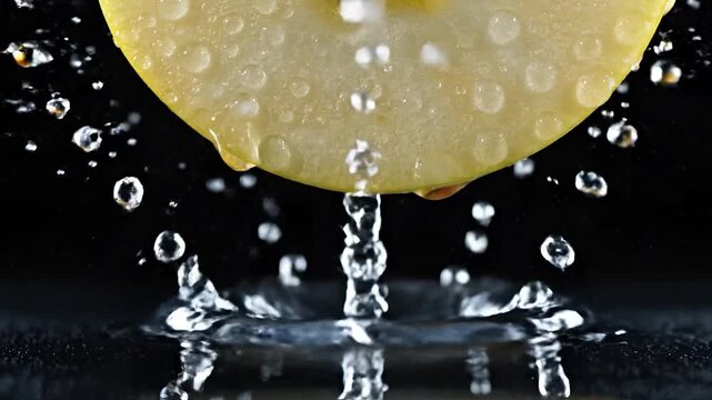 Closeup of a lemon slice with water droplets and a falling drop.