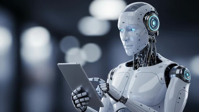 Futuristic humanoid robot using a tablet