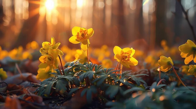 yellow winter aconite flower in beautiful forest with sunlight. Generated AI