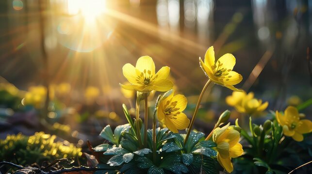 yellow winter aconite flower in beautiful forest with sunlight. Generated AI