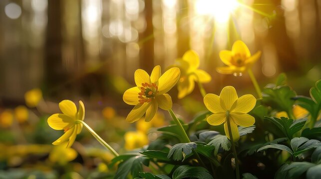 yellow winter aconite flower in beautiful forest with sunlight. Generated AI