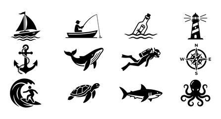 Nautical and Ocean Icon Set: Black Silhouette Marine Life and Maritime Symbols © Rusa