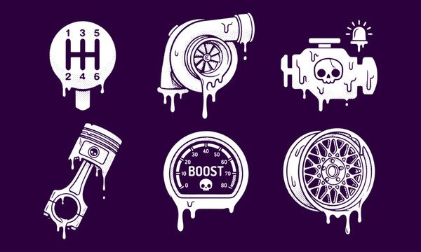Dripping Automotive Performance Car Part Icon Set with Skulls and JDM Streetwear Style