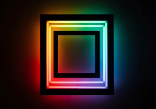 Modern neon rainbow light frames creating abstract colorful geometric pattern on dark background