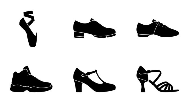 Diverse Footwear Collection, Ballet Flats, Tap Shoes, Sneakers, Heels, Vector Icons