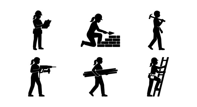 Female Construction Worker Icons, Builder Silhouettes, Woman Tradesperson Set