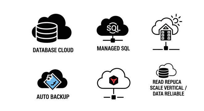 Cloud Database Technology Icons: SQL, Backup, Scale, Data