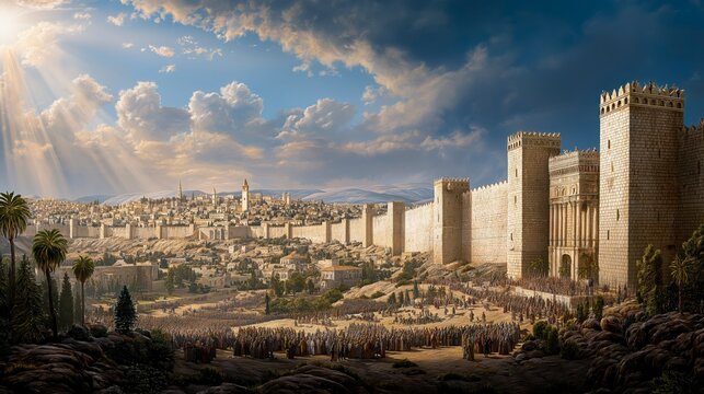 Jerusalem&rsquo;s rebuilt walls surround the restored city in radiant daylight as Nehemiah and the people stand together in triumph, honoring perseverance, unity, and God&rsquo;s faithful restoration.
