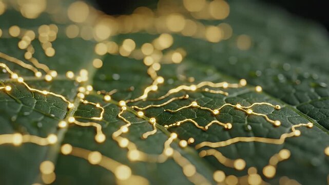 Close-up view of a green leaf with illuminated gold lines