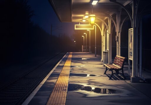 A lonely, deserted train platform glows dimly under artificial lights late at night, emphasizing quiet solitude and the end of the day schedules, station, solitude, loneliness