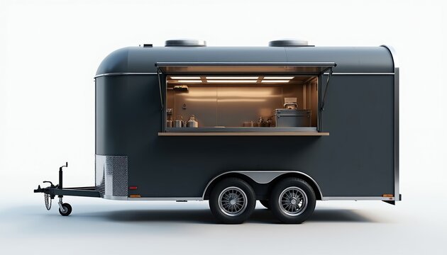 Dark grey food trailer with open serving window. Mobile kitchen for sale or rent. Urban business with equipment inside. Modern portable catering vehicle.