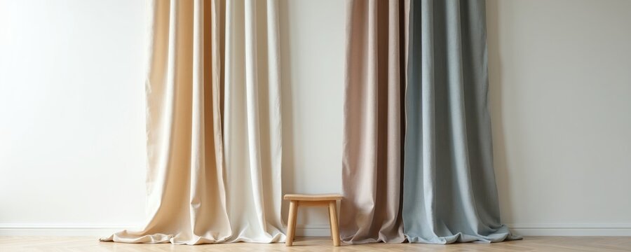 Selection of fabric curtains in neutral tones. Beige, brown, and grey textiles hang against a white wall. Minimalist interior decor setup with wooden stool.