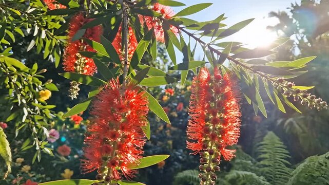 Closeup of vibrant red bottlebrush flowers blooming in a lush garden.