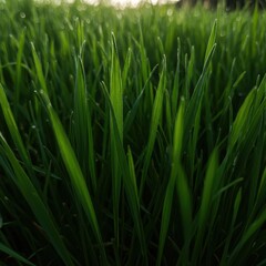 Obraz premium Lush, vibrant emerald green grass blades closely photographed, illuminated by brilliant sunshine filtering through the fresh morning air, summer, colorful, vivid