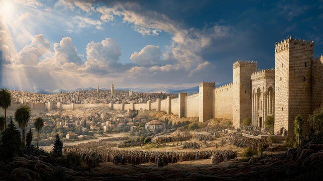 Jerusalem&rsquo;s fully restored walls rise proudly around the renewed city as workers and leaders stand united beside Nehemiah beneath bright daylight, celebrating faith, endurance, and national restoratio