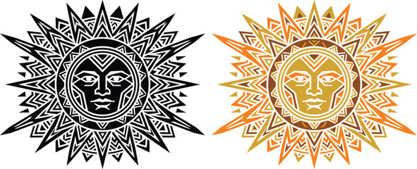 Stylized ancient Aztec sun god face with intricate geometric tribal patterns presented in both striking monochrome black and radiant vibrant golden orange colors. © VectaNoor