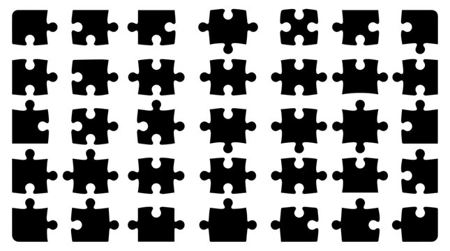 Puzzle Piece Silhouette Grid | Forty Unique Jigsaw Shapes | Symbol of Connection, Problem‑Solving, and Creativity