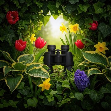 Hidden binoculars peering out from dense green garden foliage and bright blooming spring flowers, emphasizing secret observation and curiosity, outdoors, exploring, growth