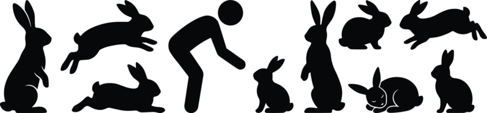 Rabbit Silhouette Collection with Pet Bunny Interaction Jumping Running and Resting Animal Poses Vector Set