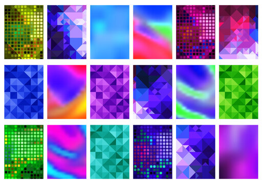 Collection of colorful abstract backgrounds featuring mosaics, geometric shapes, and smooth gradients, suitable for digital design