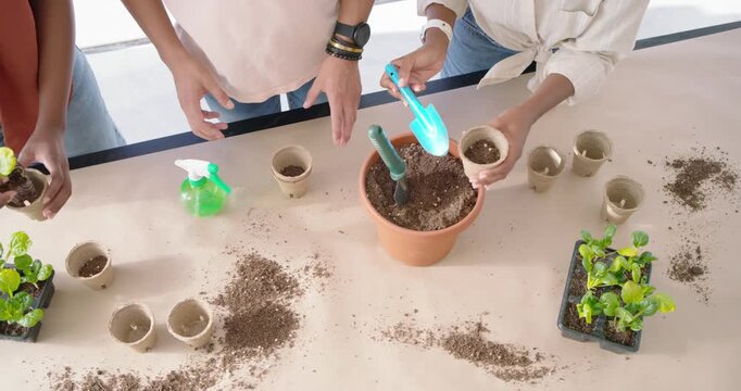 African American friends scooping soil from terracotta pot with blue trowel, filling paper pots