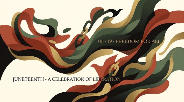 Juneteenth celebration of liberation abstract graphic design with broken chains and flowing colors
