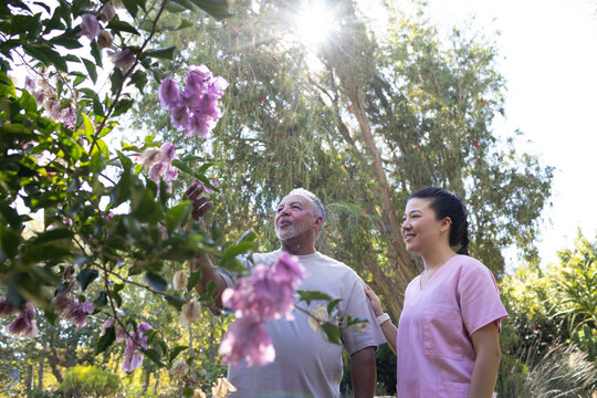 African American man reaching pink blooms in garden while Asian nurse in pink scrubs steadying him