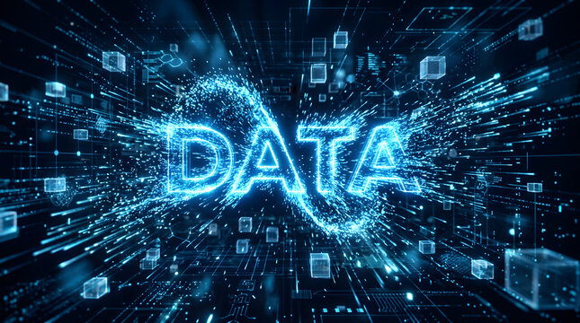 data word in digital blue light with circuit patterns text glowing technology information network futuristic binary code connection communication internet cyber space