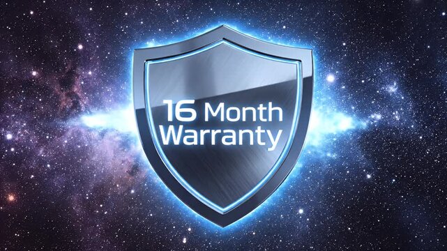 Shield emblem with text "16 Month Warranty" against starry background