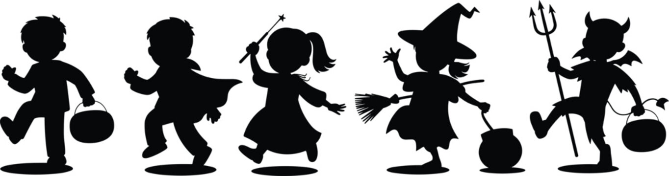 Halloween children silhouettes in costumes, pumpkin bucket, witch hat, devil horns, spooky festive illustration, trick‑or‑treat decor design