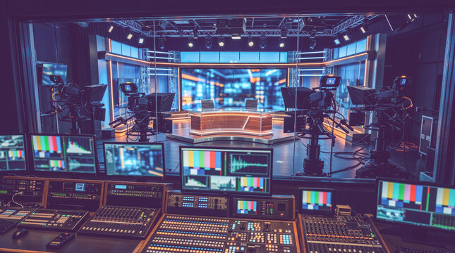 News studio control room overlooking professional broadcast set