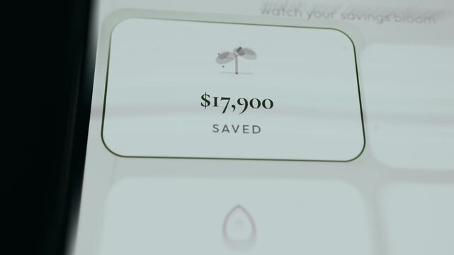 Digital savings interfaces tracker indicating the savings milestone of 17.900 USD saved