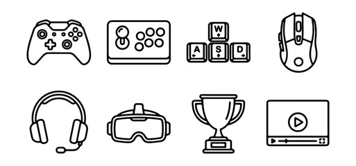 Gaming Icons Collection: Controller, VR Headset, Trophy, Arcade Stick, Mouse, Keyboard, Video Player © RAFI