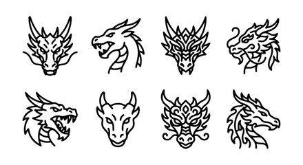 Fototapeta premium Mythical Dragon Head Icons, Fantasy Creature Vector Set, Ancient Beast Emblems, Asian Folklore Art