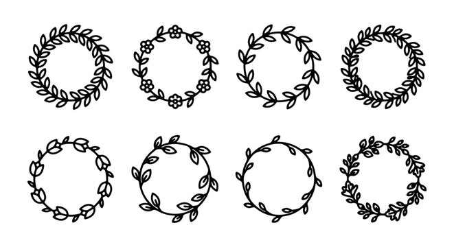 Floral Wreaths, Botanical Circles, Decorative Frames, Hand-Drawn Vector Elements