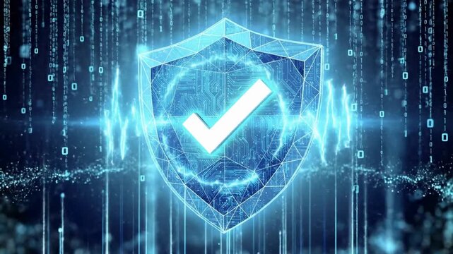 Cyber security verification animation for digital data protection, futuristic network shield background video, glowing secure system and encryption technology concept