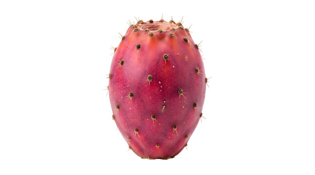 A ripe prickly pear fruit with its distinctive red skin and small spines, isolated on a white background